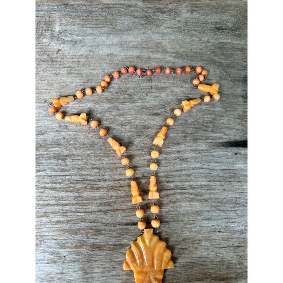 Carved Orange Leaf Pendant Necklace With Beaded Chain & Hook Clasp For Women Or - Picture 3 of 7
